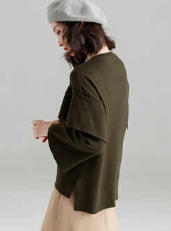Fashion Army Green O Neck Flare Sleeve Slim Sweater
