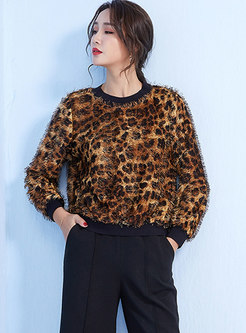 Winter Velvet Leopard Asymmetric Loose Knitted Top 