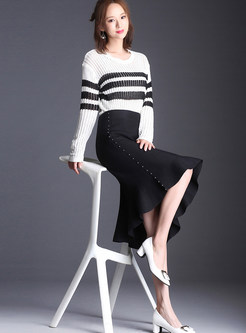 Elastic Waist Asymmetric Falbala Beaded Knitted Skirt