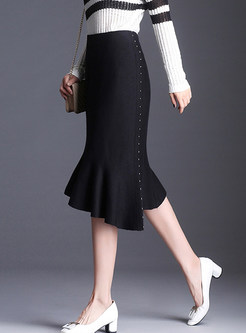 Elastic Waist Asymmetric Falbala Beaded Knitted Skirt