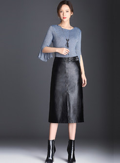 Black Casual PU Slit Midi Bodycon Skirt