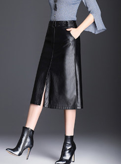 Black Casual PU Slit Midi Bodycon Skirt