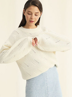 Casual White Lantern Sleeve Hollow Out Sweater