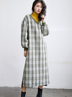Trendy V-neck Plaid Loose Knitted Dress With Split
