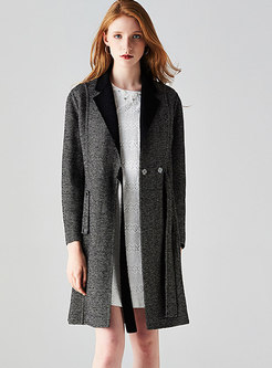 Trendy Notched Gathered Waist Pinstriped Coat