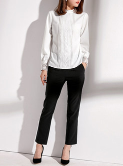 Chic White Solid Color Stand Collar Lace Slim Chiffon Blouse