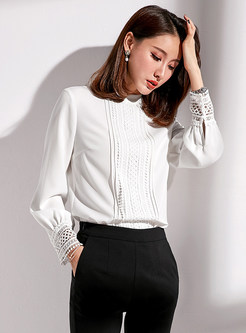 Chic White Solid Color Stand Collar Lace Slim Chiffon Blouse
