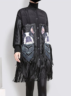 Black Stand Collar Fringed Detail Loose Coat