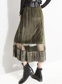Autumn Velvet High Waist Gauze Paneled A Line Skirt