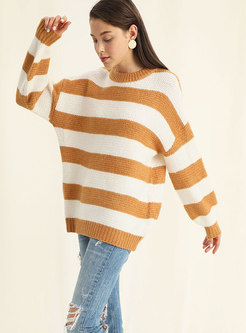  Caramel Round Neck Hit Color Horizontal Stripes Sweater