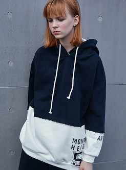 Casual Color-blocked Tied Letter Print Hoodie