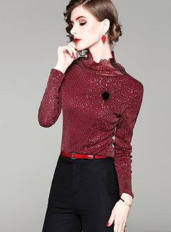 Fashion High Neck Velvet Shimmer T-Shirt With Sequin
