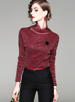 Fashion High Neck Velvet Shimmer T-Shirt With Sequin
