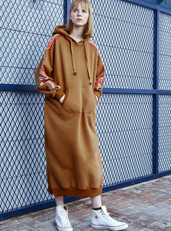 Hooded Long Sleeve Pullover Loose Dress With Pocket