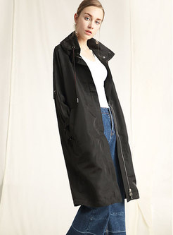 Casual Black Stand Cold Zipper-front Plus Size Trench Coat
