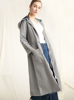 Brief Grey Hooded Gathered Waist Pockets Trench Coat