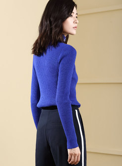 Chic Blue Letter Turtle Neck Slim Pullover Sweater