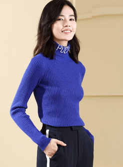 Chic Blue Letter Turtle Neck Slim Pullover Sweater