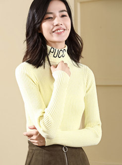 Chic Yellow Letter Turtle Neck Slim Pullover Sweater