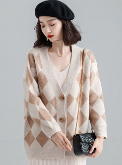 Fashion Geometric Pattern V-neck Single-breasted Sweater