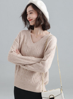 Chic Coffee V-neck Twist Knitted Thicken Sweater