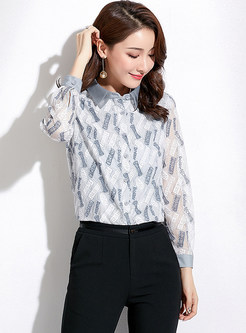 Chic Lapel Long Sleeve Perspective Lace Blouse