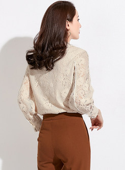 Solid Color Standing Collar Lantern Sleeve Lace Blouse