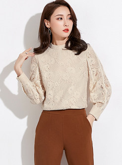 Solid Color Standing Collar Lantern Sleeve Lace Blouse