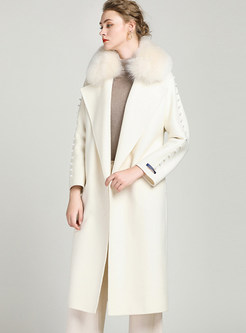 Brief White Cashmere Tied Woolen Coat With Fox Fur