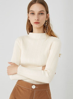 Casual White Half High Neck Striped Slim Sweater 