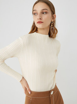 Casual White Half High Neck Striped Slim Sweater 