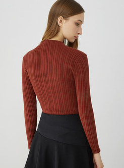 Casual Caramel Half High Neck Striped Slim Sweater 