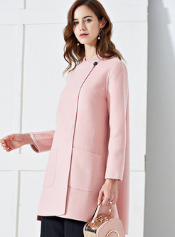 Pure Color O-neck Asymmetric Slit Woolen Coat