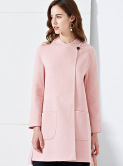 Pure Color O-neck Asymmetric Slit Woolen Coat