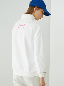 Casual White High Neck Sports Letter Split Hoodies