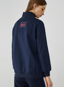 Casual Navy High Neck Sports Letter Split Hoodies