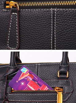 Fashion Cowhide Zipper Pocket Tote & Top Handle Bag