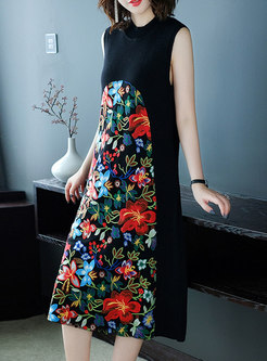 Trendy Crew-neck Sleeveless Embroidered Knitted Dress