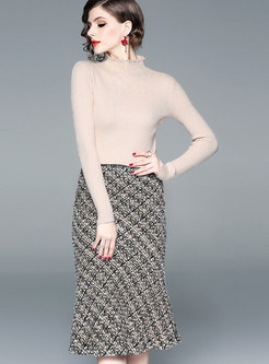 Solid Color Half High Neck Knitted Top & Hairy Sheath Skirt