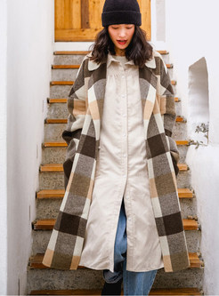 Notched Color-blocked Plaid Knee-length Overcoat