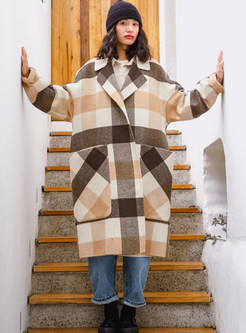 Notched Color-blocked Plaid Knee-length Overcoat