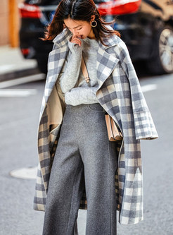 Notched Long Sleeve Loose Plaid Overcoat