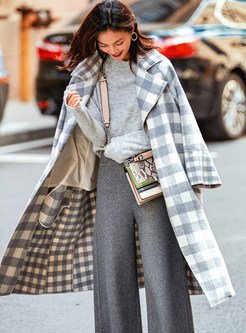 Notched Long Sleeve Loose Plaid Overcoat