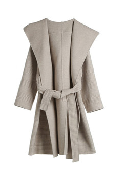 Hooded Plaid Knee-length Loose Coat With Big Pocket