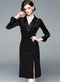 Black Notched Long Sleeve Velvet Stitching Elegant Dress