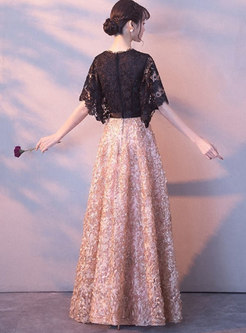 Lace Patchwork Short Sleeve Big Hem Wedding Dress