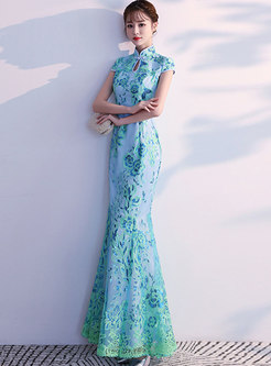 Print Mandarin Collar Maxi Prom Dress