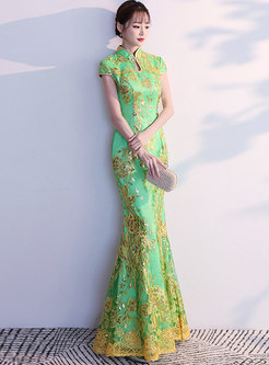 Chic Embroidered Mandarin Collar Slim Dress For Wedding 