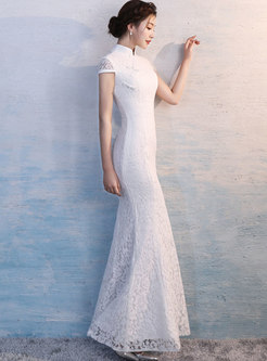 White Mandarin Collar Short Sleeve Prom Dress