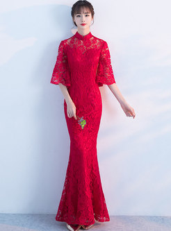 Stylish Red Flare Sleeve Lace Prom Dress